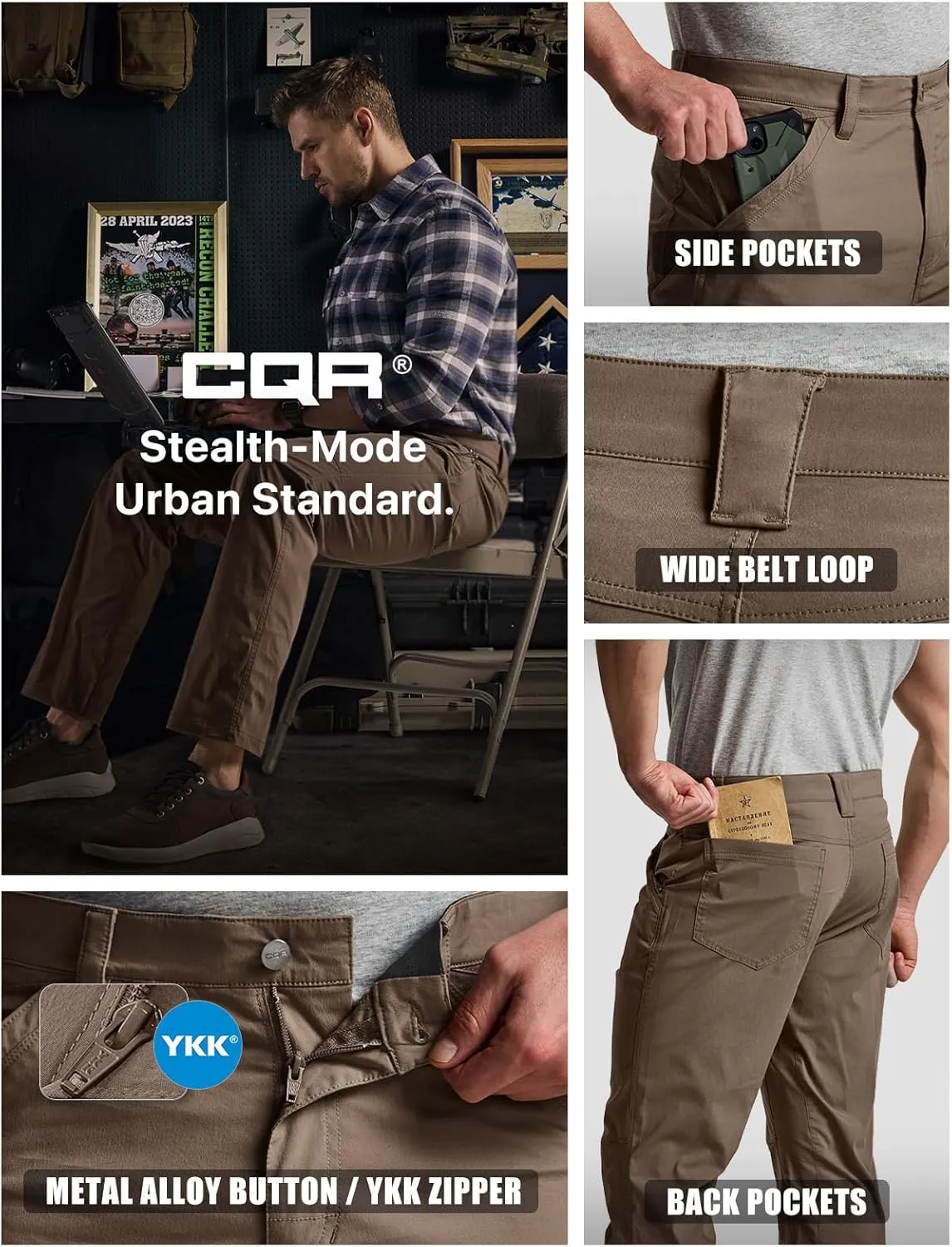 CQR Men's Vent Stretch Pants, Quick Dry Lightweight Casual Cargo Pants, Water Resistant Straight-Fit Utility Work Pants