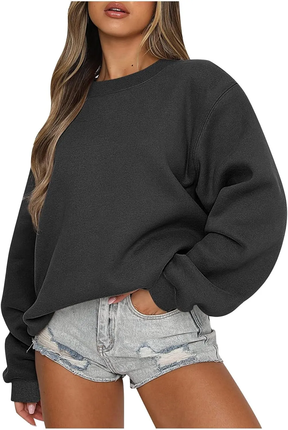 Crewneck Oversized Sweatshirt for Women Fleece Casual Long Sleeve Pullover Hoodies Trendy Comfy Fall Tops