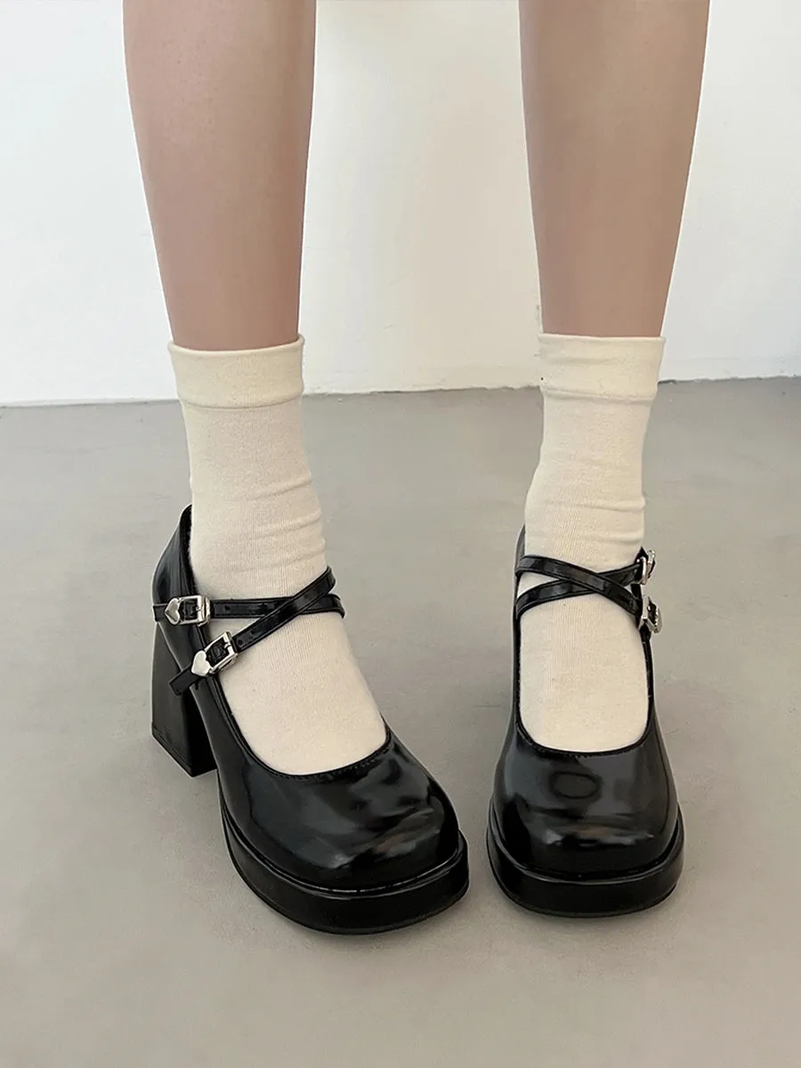 Crossover Ankle Straps Round Toe Chunky Heeled Mary Jane Pumps