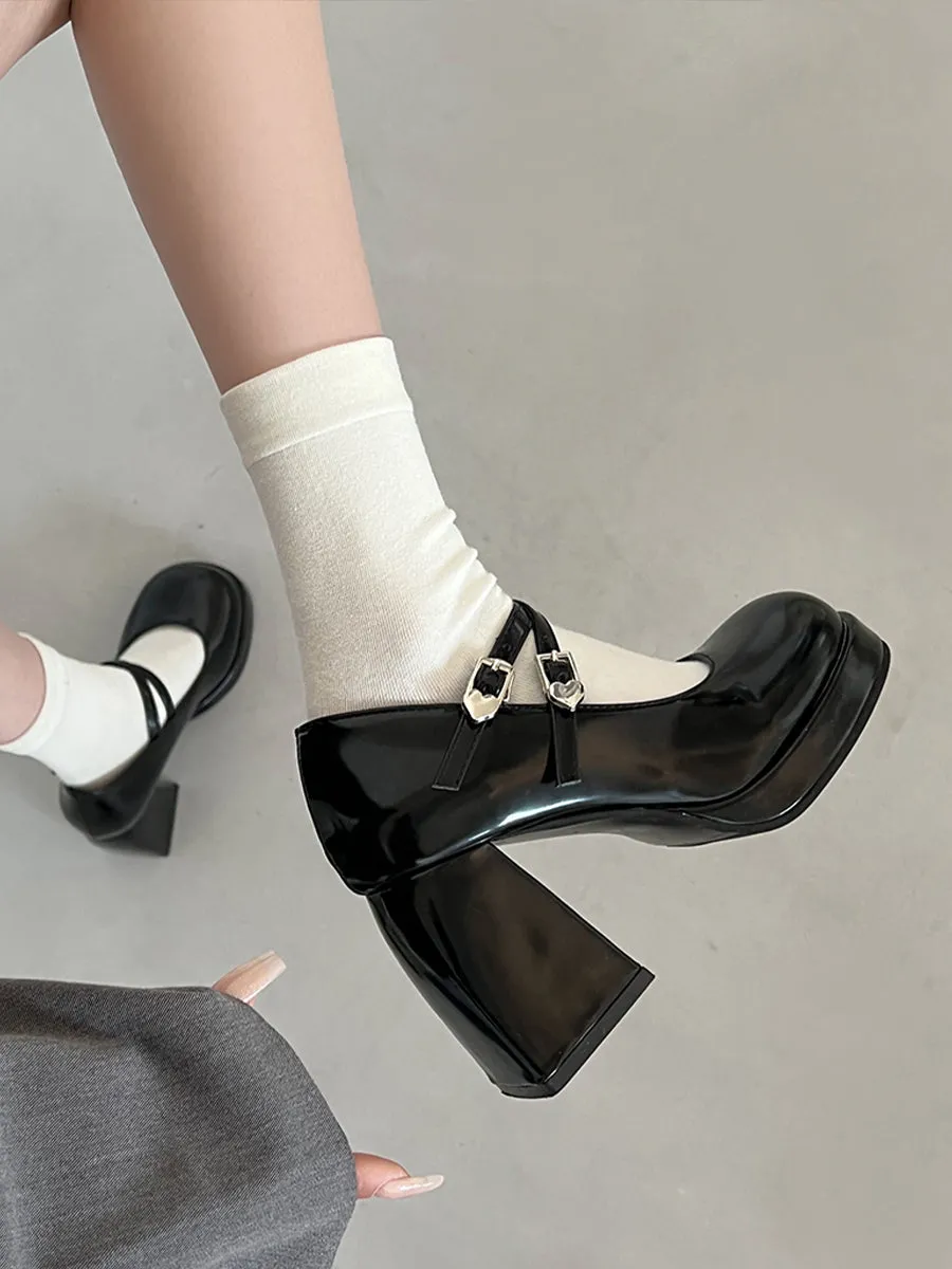 Crossover Ankle Straps Round Toe Chunky Heeled Mary Jane Pumps