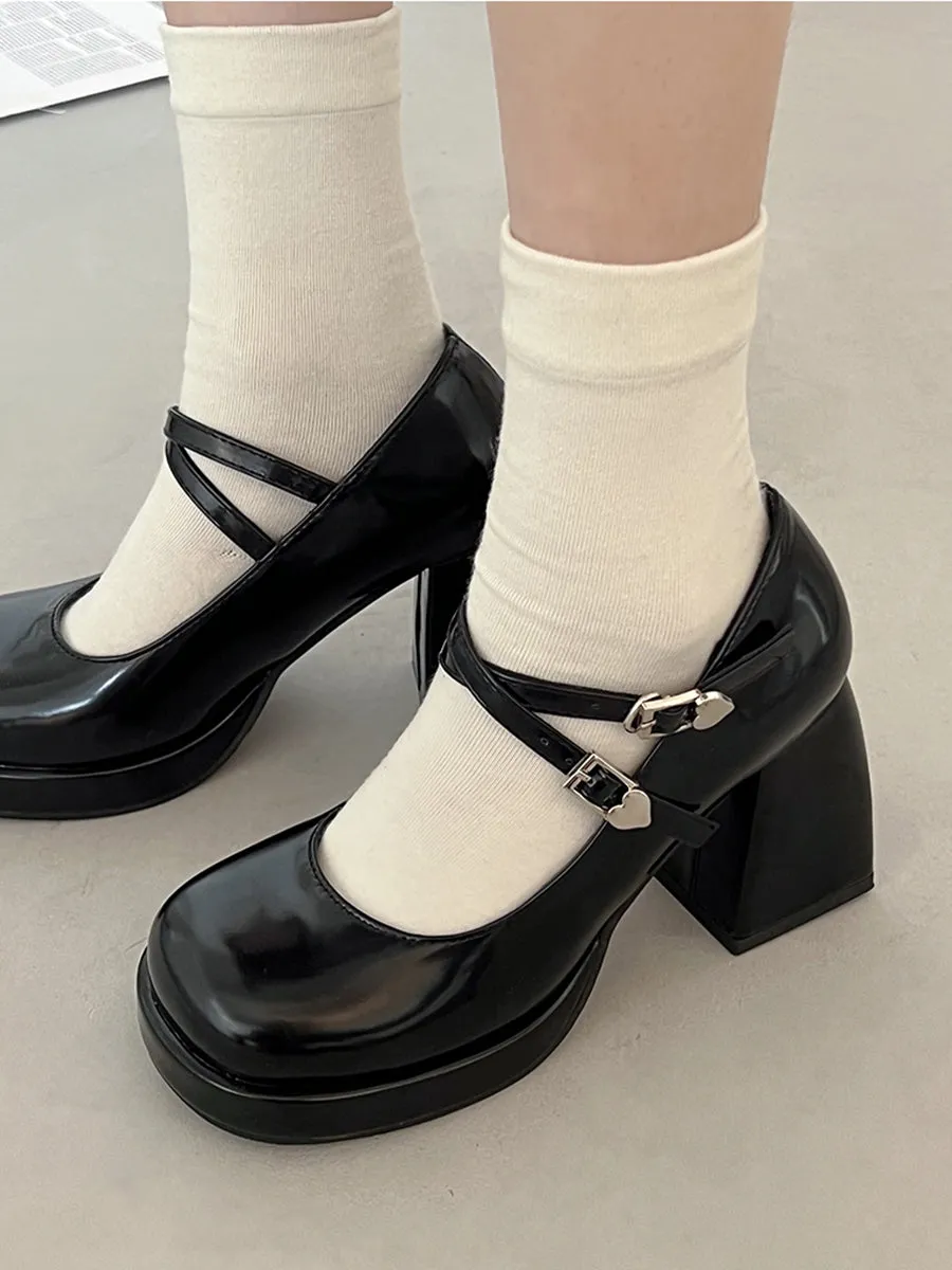 Crossover Ankle Straps Round Toe Chunky Heeled Mary Jane Pumps