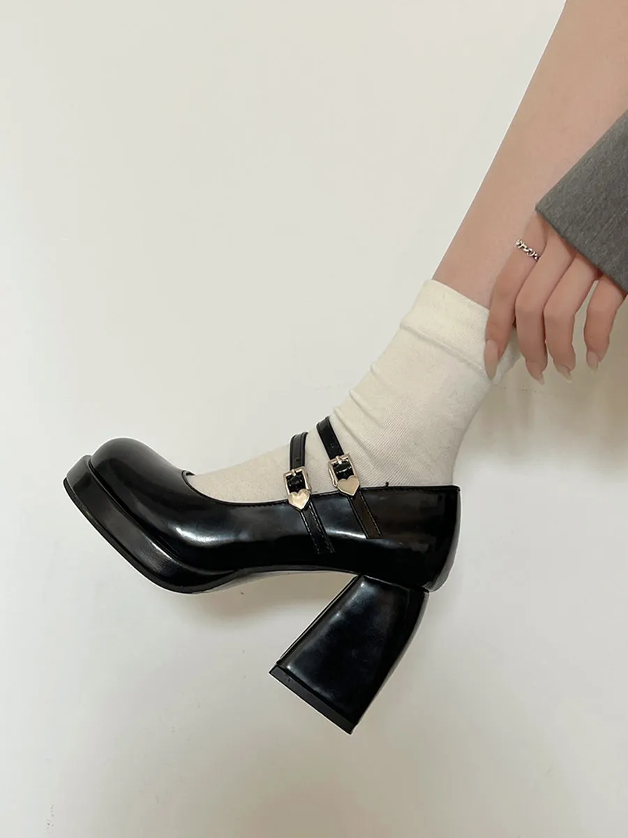 Crossover Ankle Straps Round Toe Chunky Heeled Mary Jane Pumps