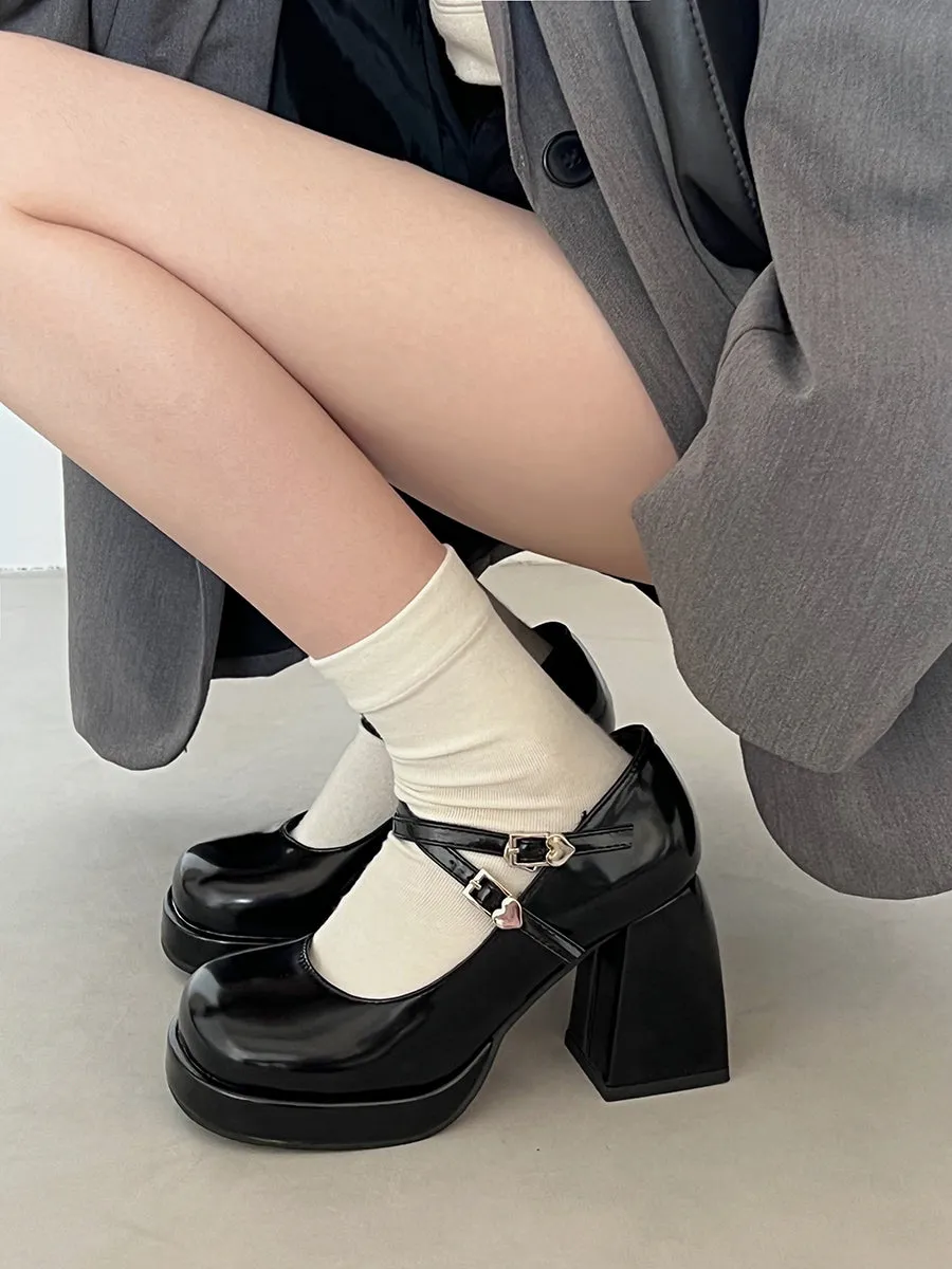 Crossover Ankle Straps Round Toe Chunky Heeled Mary Jane Pumps