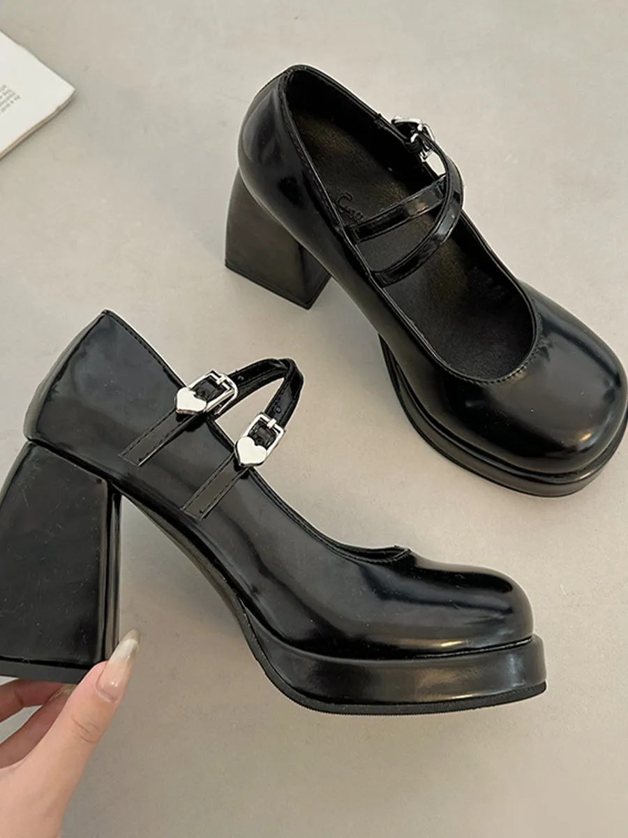 Crossover Ankle Straps Round Toe Chunky Heeled Mary Jane Pumps