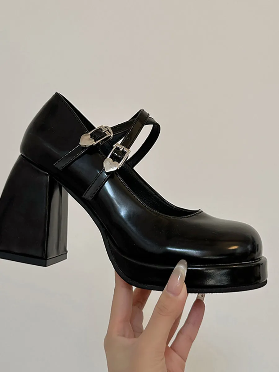 Crossover Ankle Straps Round Toe Chunky Heeled Mary Jane Pumps