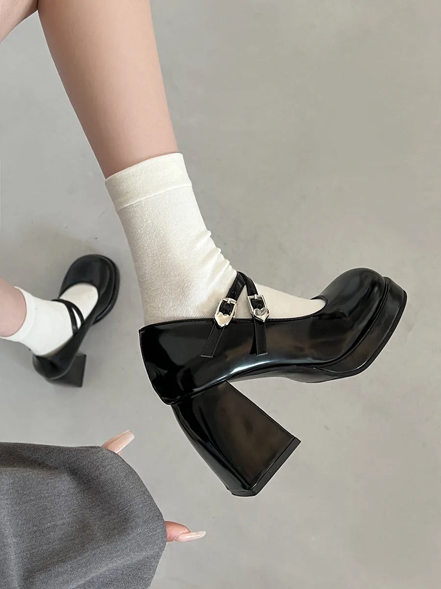 Crossover Ankle Straps Round Toe Chunky Heeled Mary Jane Pumps