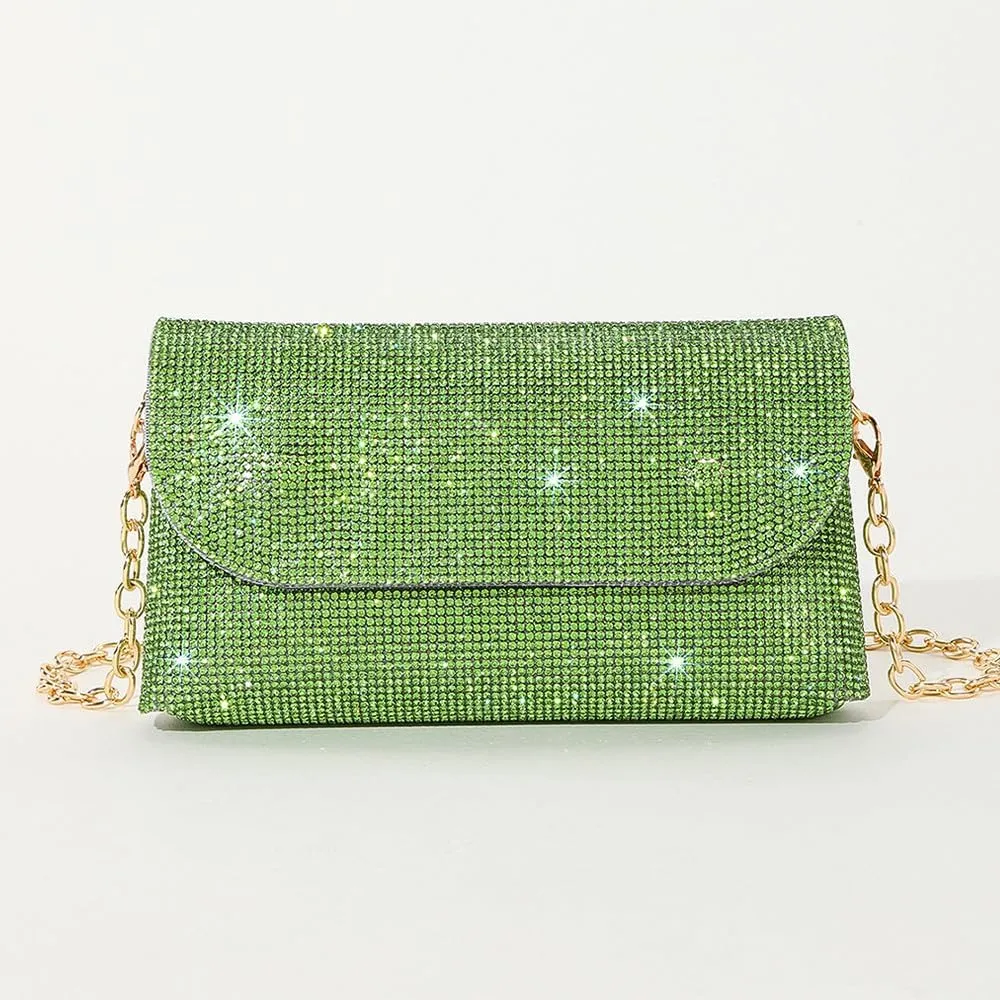 Crystals Envelope Rhinestone Clutch Purse Rubber Soles Drills Diamond Evening Shoulder Purses Wedding Party #2301-Green