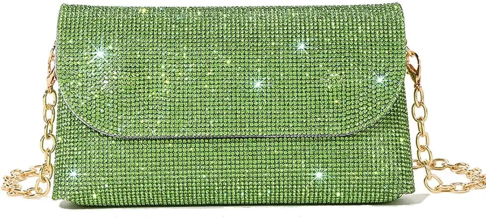 Crystals Envelope Rhinestone Clutch Purse Rubber Soles Drills Diamond Evening Shoulder Purses Wedding Party #2301-Green