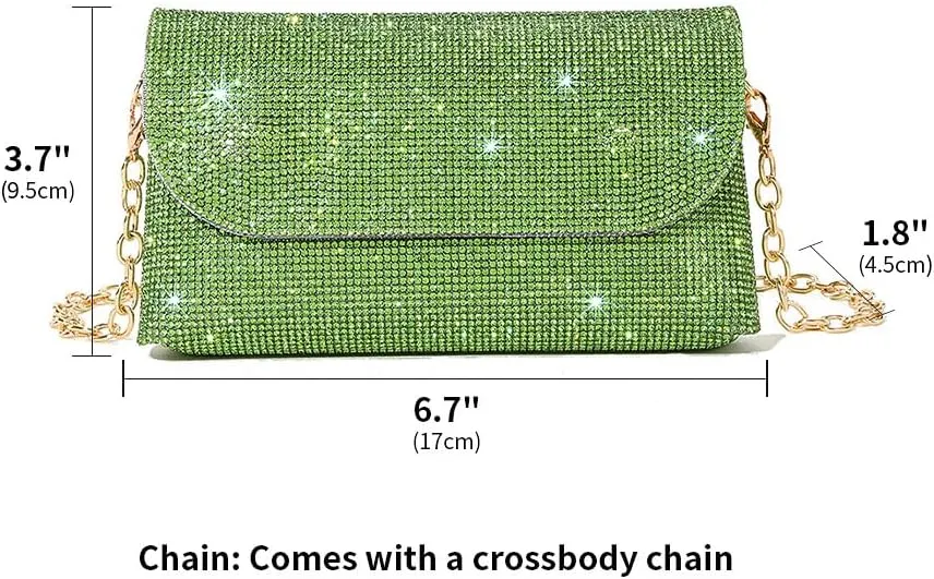 Crystals Envelope Rhinestone Clutch Purse Rubber Soles Drills Diamond Evening Shoulder Purses Wedding Party #2301-Green