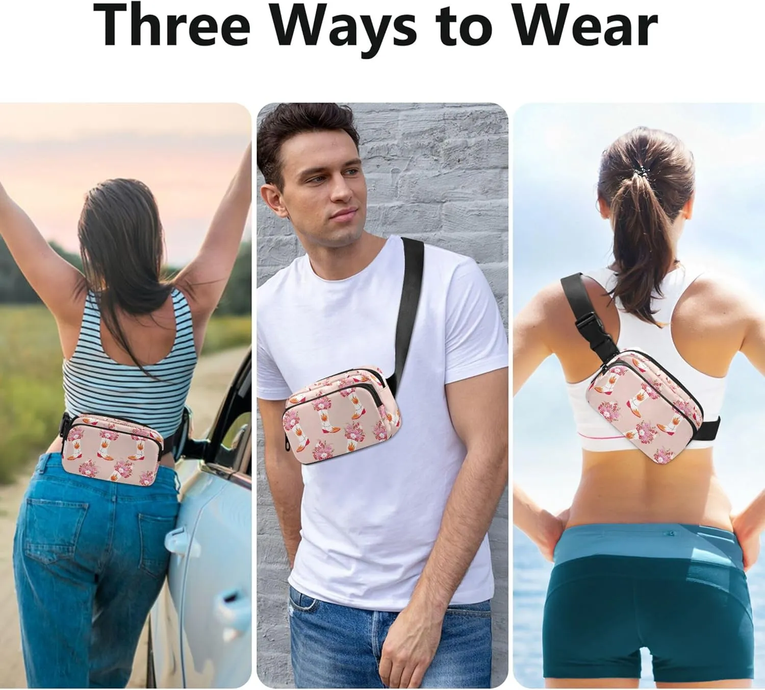 Cute Cowgirl Boots Pink Women Fanny Pack Waterproof Hip Bag Belt Purse Designer Cross Body Waist Purse