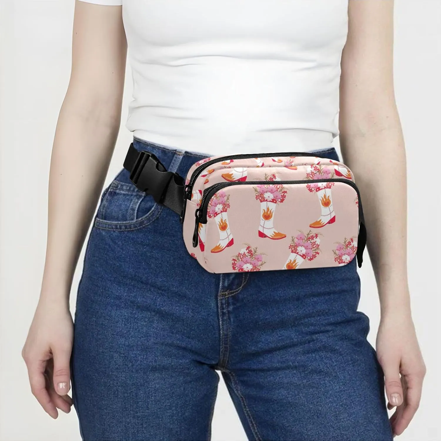 Cute Cowgirl Boots Pink Women Fanny Pack Waterproof Hip Bag Belt Purse Designer Cross Body Waist Purse