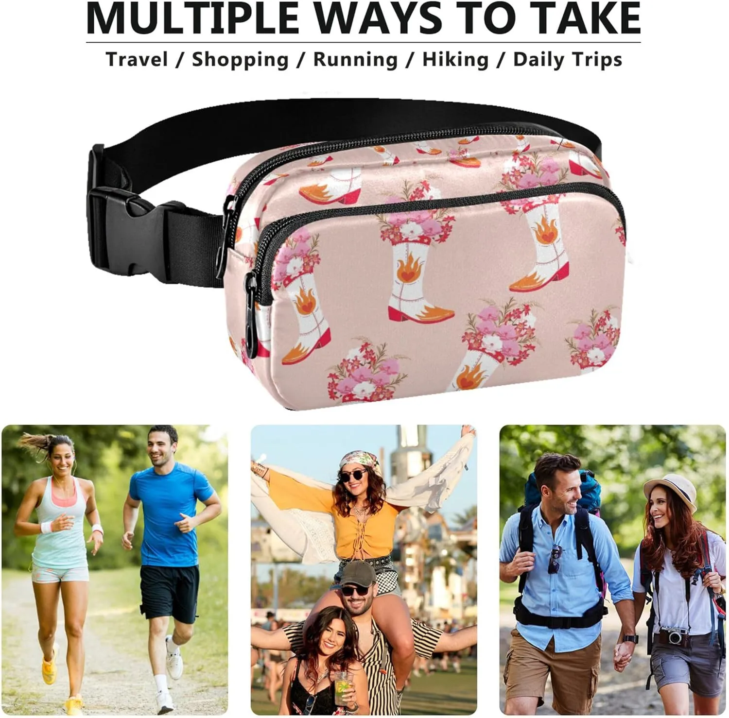 Cute Cowgirl Boots Pink Women Fanny Pack Waterproof Hip Bag Belt Purse Designer Cross Body Waist Purse