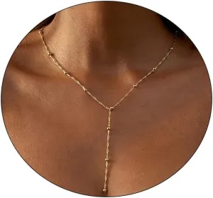 Dainty Long Necklaces for Women Trendy Lariat Y Necklace 14K Gold Silver Plated Drop Necklaces Simple Y Shaped Gold Silver Chain Pendant Necklaces Gold Jewelry Minimalist Gifts