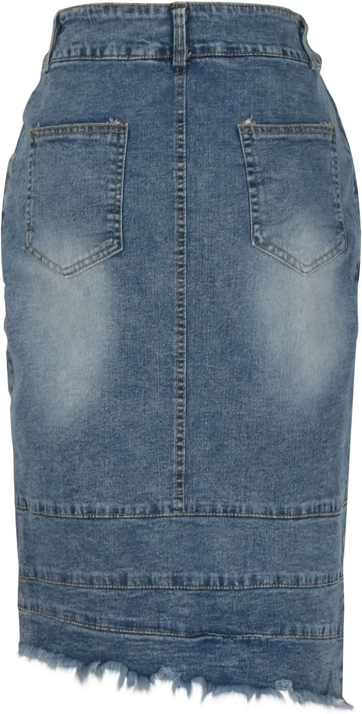 Denim Skirt for Women, Stretch High Waisted Split Front Jean Skirt Casual Stylish A-Line Jean Midi Skirt with Pockets