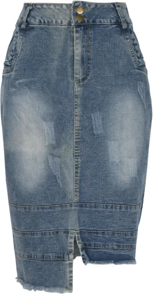 Denim Skirt for Women, Stretch High Waisted Split Front Jean Skirt Casual Stylish A-Line Jean Midi Skirt with Pockets