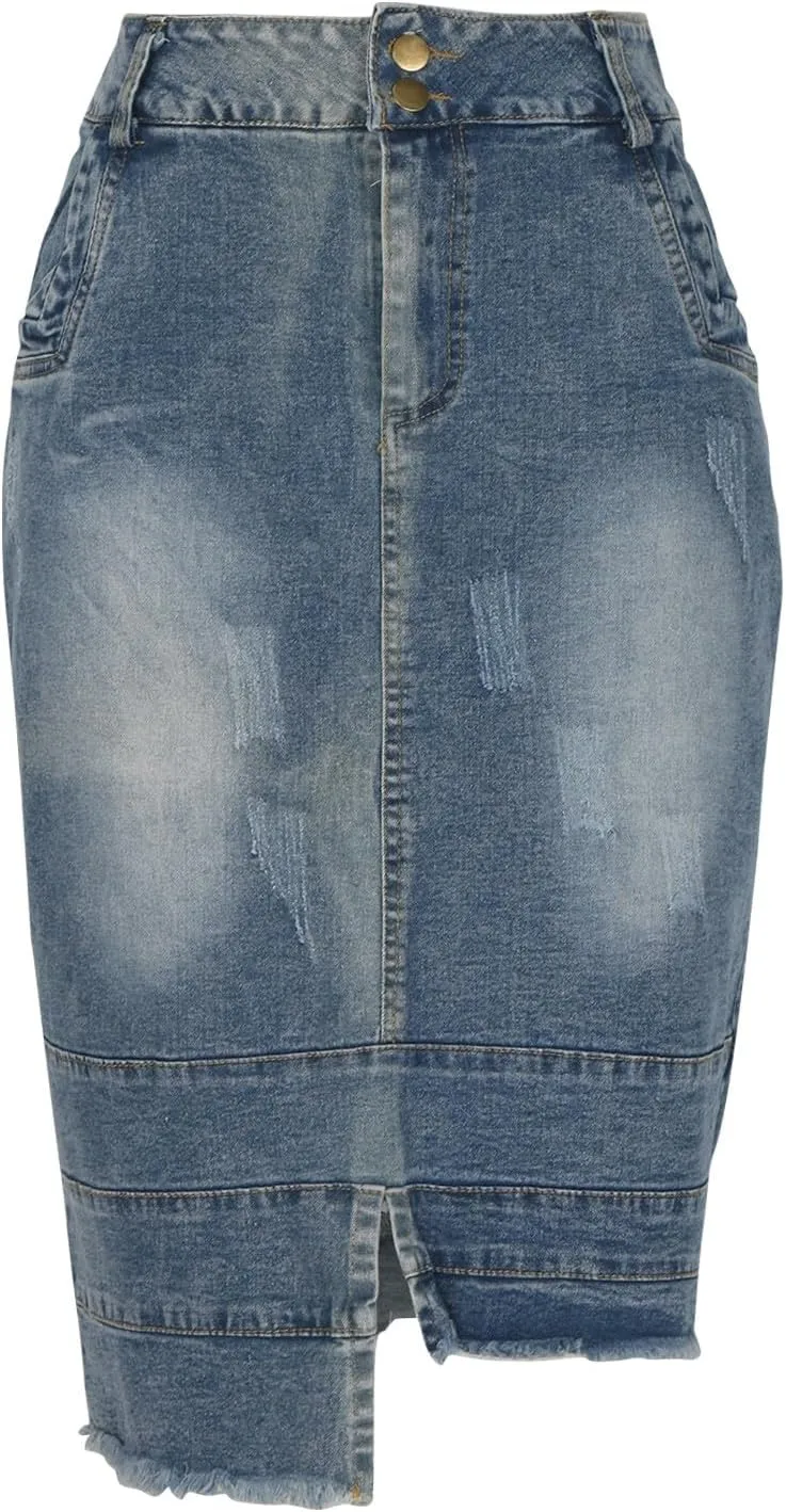 Denim Skirt for Women, Stretch High Waisted Split Front Jean Skirt Casual Stylish A-Line Jean Midi Skirt with Pockets