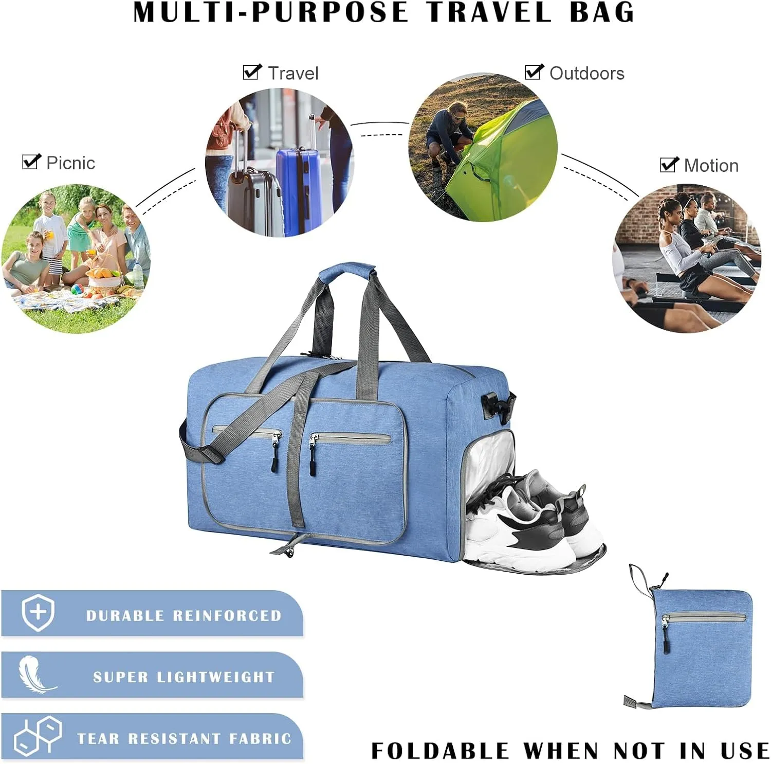 Dimayar 115L Travel Duffle Bag - Foldable Duffel Bag with Shoes Compartment - Overnight Bags Waterproof & Tear Resistant(Blue)
