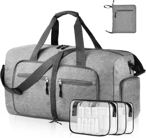 Dimayar 65L Travel Duffle Bag - Foldable Duffel Bag with Shoes Compartment - Overnight Bags Waterproof & Tear Resistant(Gray)