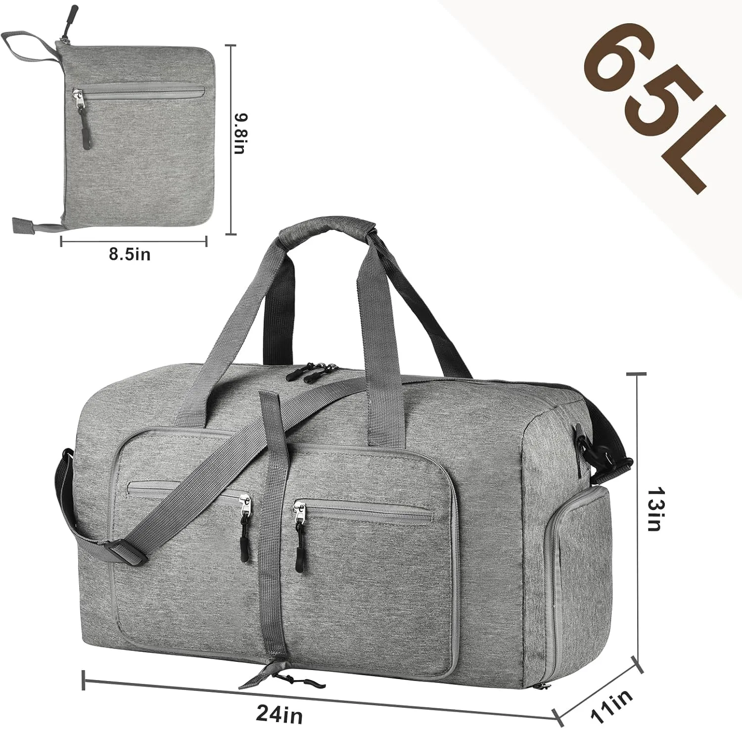 Dimayar 65L Travel Duffle Bag - Foldable Duffel Bag with Shoes Compartment - Overnight Bags Waterproof & Tear Resistant(Gray)