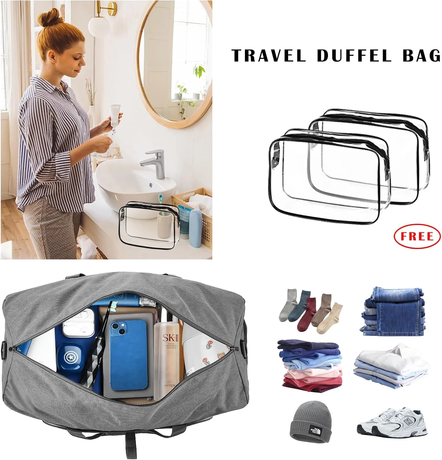 Dimayar 65L Travel Duffle Bag - Foldable Duffel Bag with Shoes Compartment - Overnight Bags Waterproof & Tear Resistant(Gray)