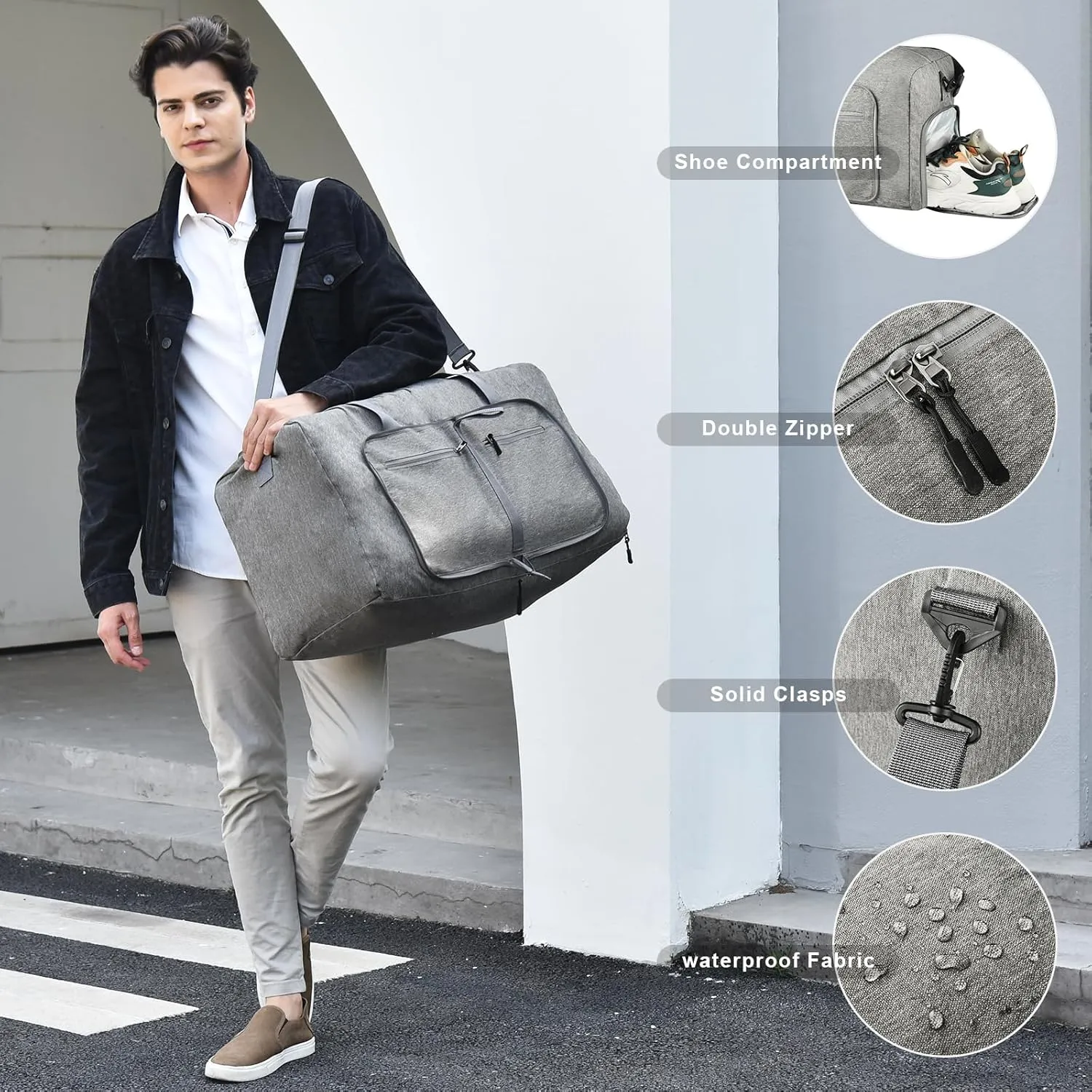 Dimayar 65L Travel Duffle Bag - Foldable Duffel Bag with Shoes Compartment - Overnight Bags Waterproof & Tear Resistant(Gray)