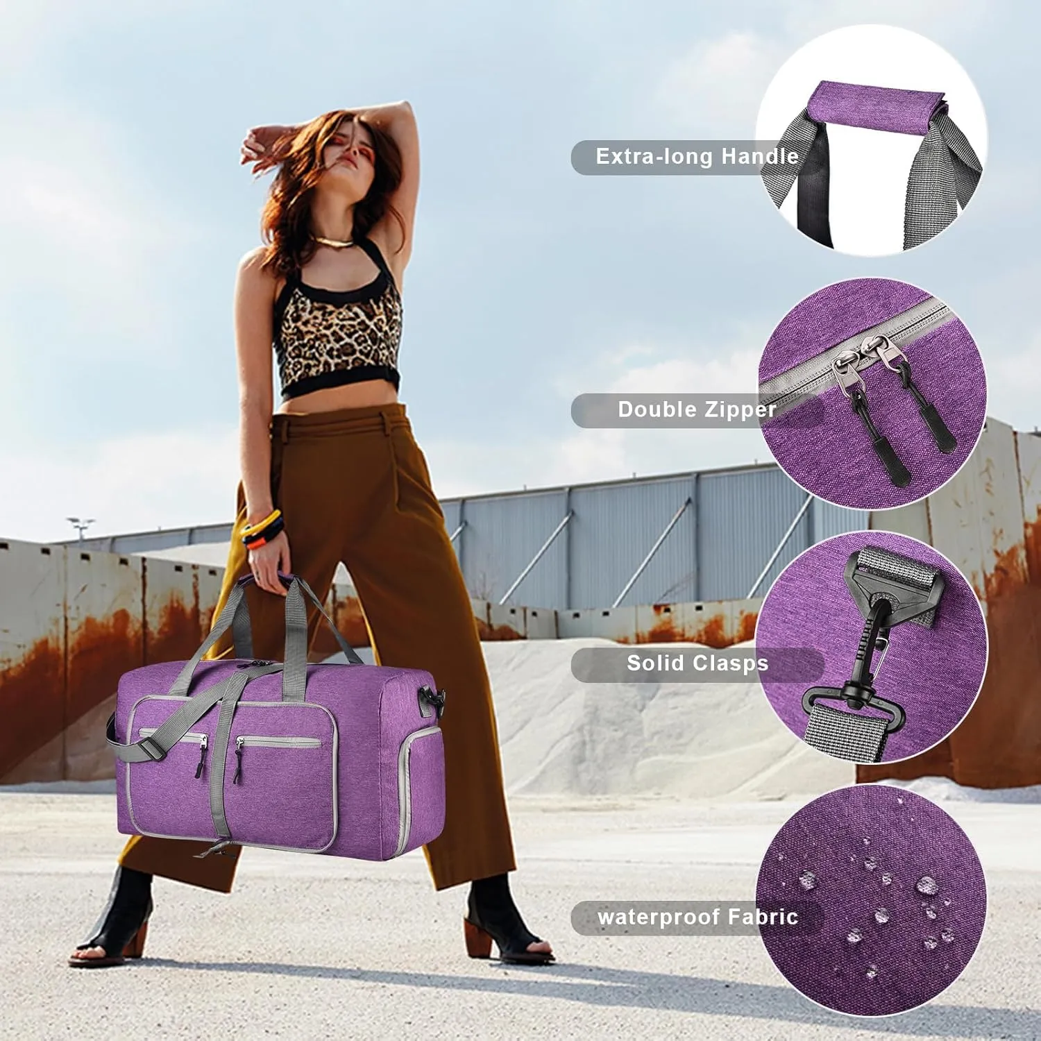 Dimayar 85L Travel Duffle Bag - Foldable Duffel Bag with Shoes Compartment - Overnight Bags Waterproof & Tear Resistant(Purple)