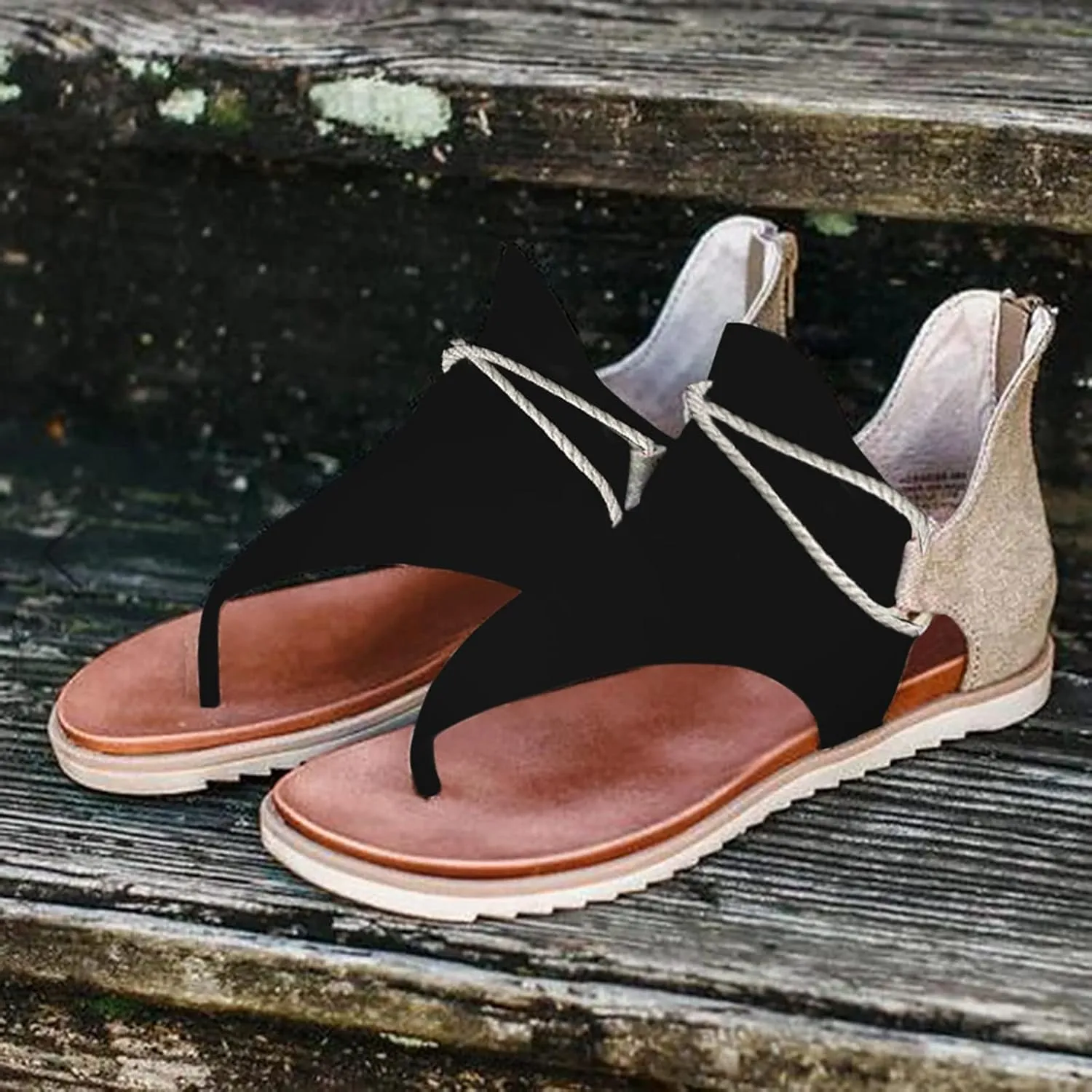 Eduavar Gladiator Sandals for Women, Sandals for Women Casual Summer Open Toe Flip Flops Zip Up Sandals Suede Flat Sandals