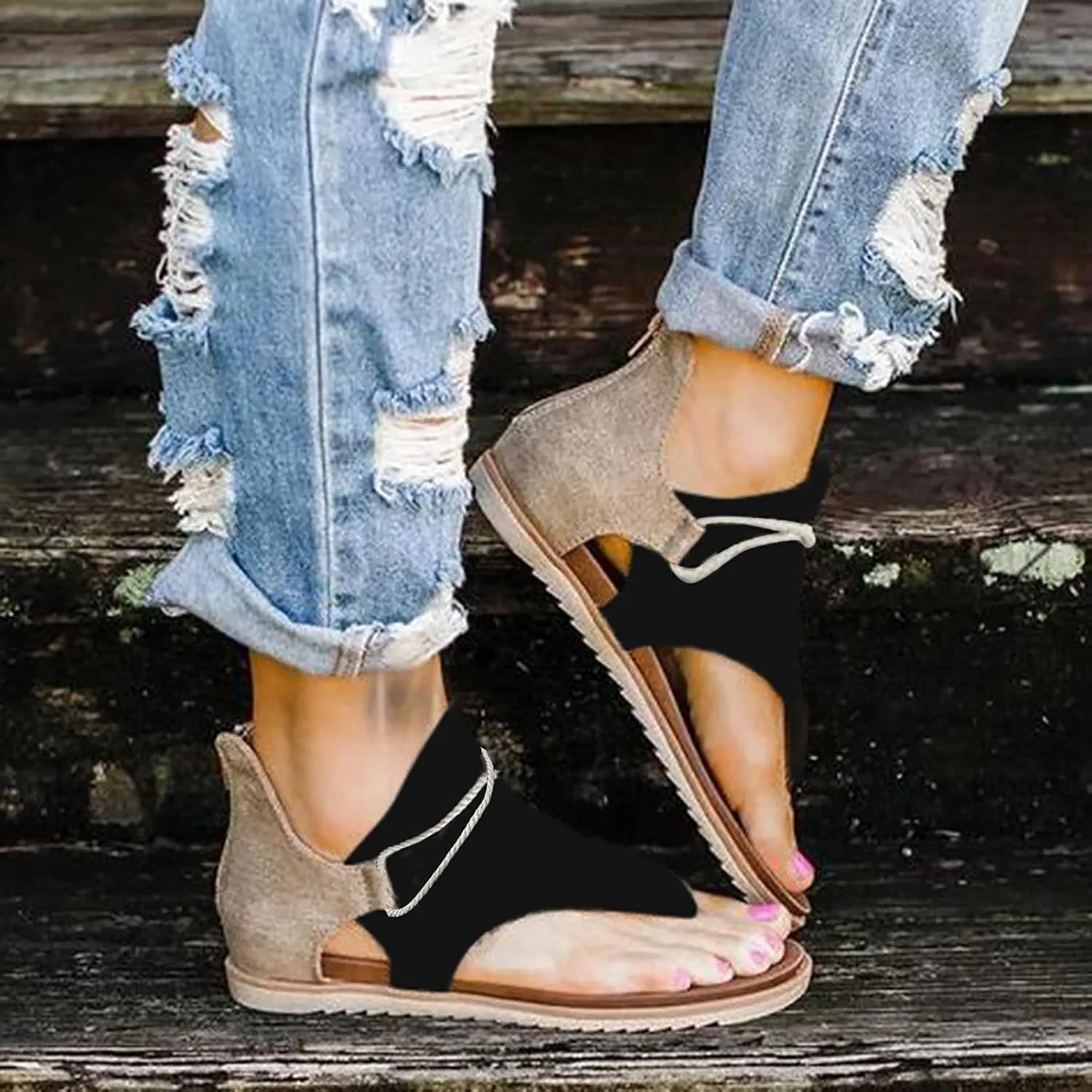 Eduavar Gladiator Sandals for Women, Sandals for Women Casual Summer Open Toe Flip Flops Zip Up Sandals Suede Flat Sandals