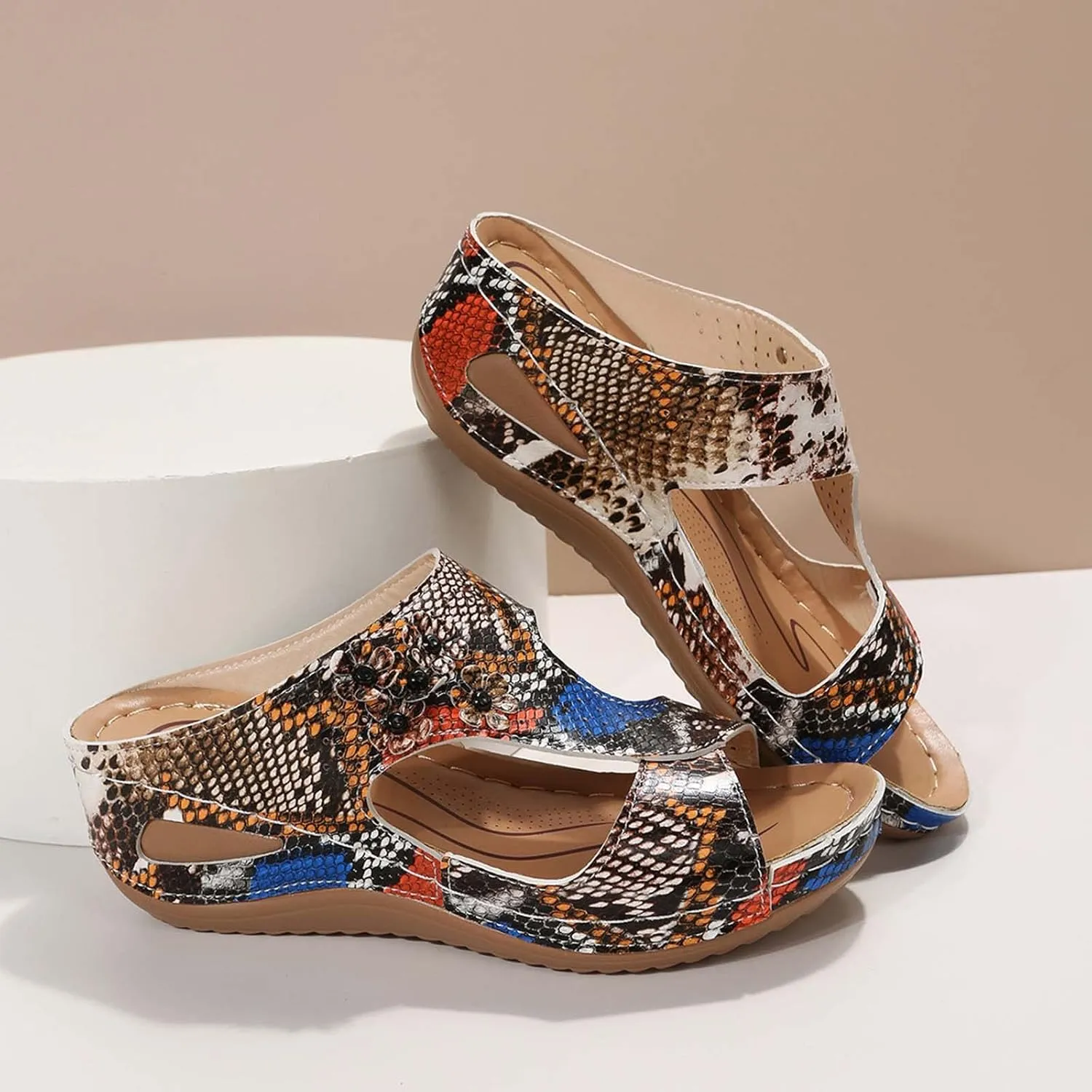 Eduavar Orthopedic Sandals for Women, Womens Sandals Retro Floral Wedge Sandals Casual Open Toe Sandals with Arch Support
