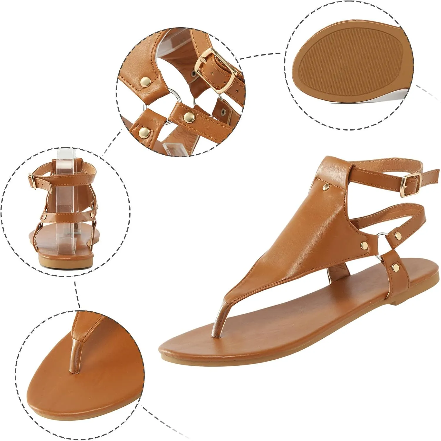 Eduavar Sandals for Women Casual Summer, Gladiator Sandals for Women Leather Open Toe Flip Flops Sandals with Buckle Strap