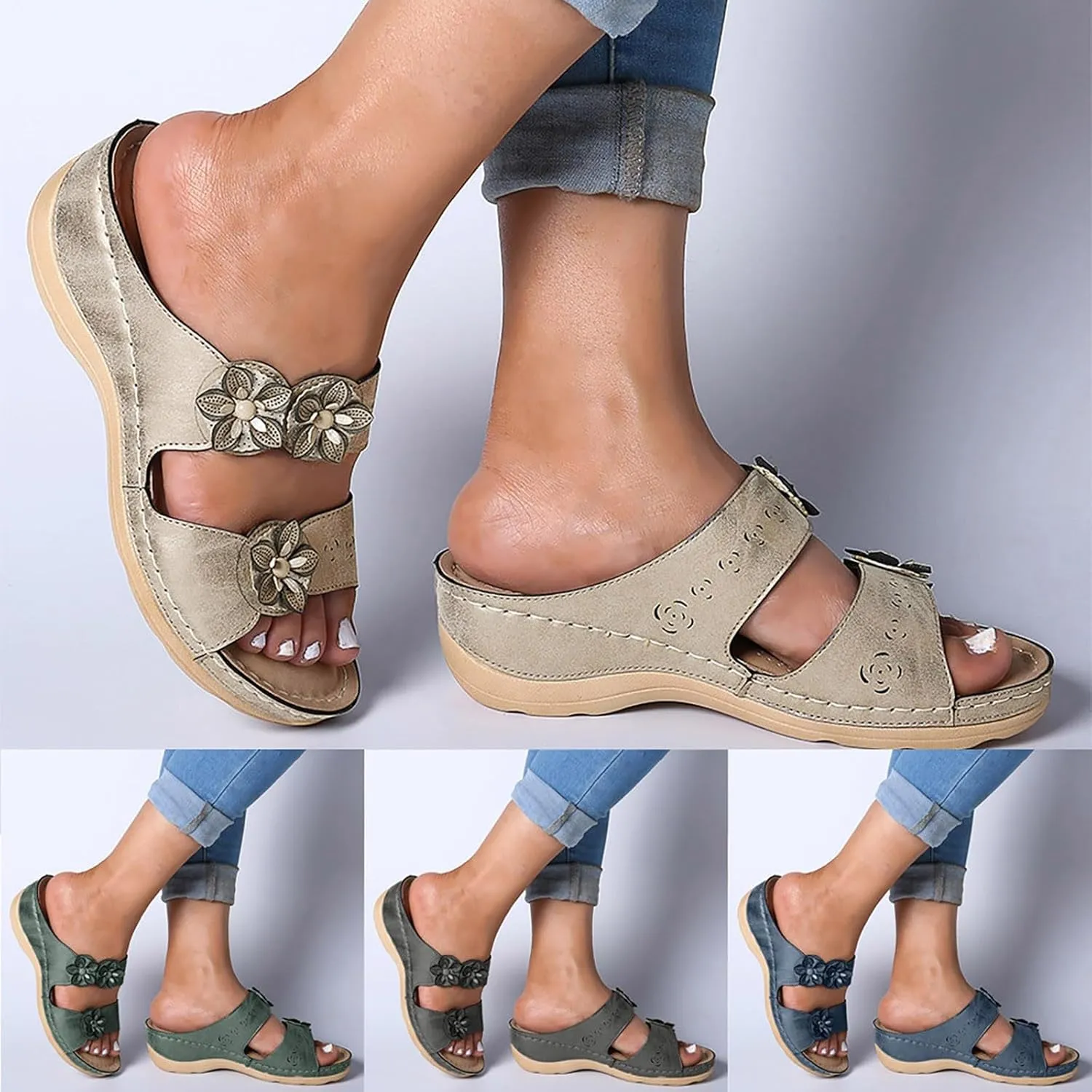 Eduavar Sandals for Women Casual Summer, Orthopedic Sandals for Women Open Toe Low Wedge Slip-on Sandals Beach Slippers