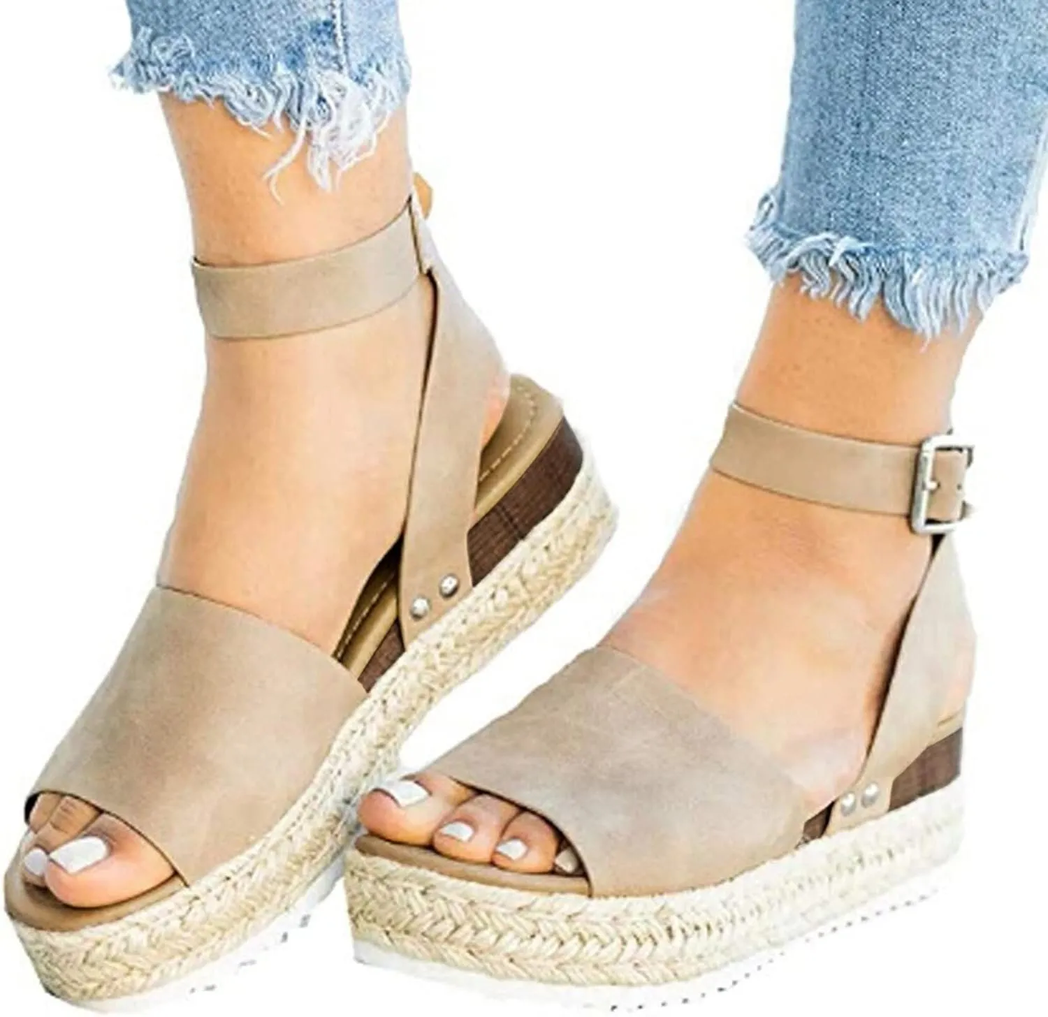 Eduavar Sandals for Women Casual Summer, Platform Sandals Women Dressy Open Toe Espadrille Sandals Shoes with Buckle Strap