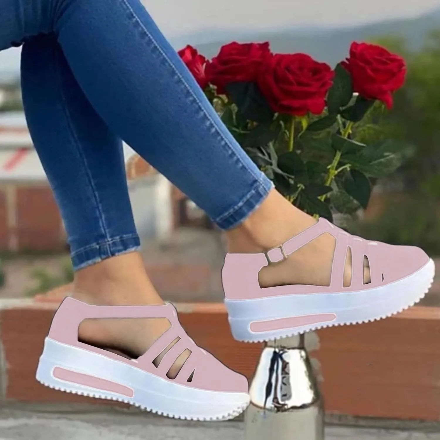 Eduavar Sandals for Women Casual Summer, Women Sandals Closed Toe Wedge Sandals Summer Casual Ankle Strap Buckle Sandals