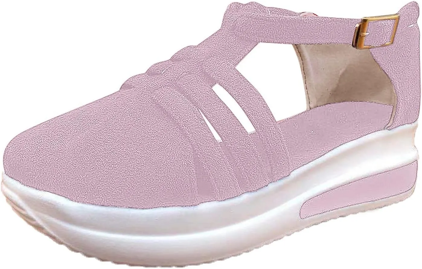 Eduavar Sandals for Women Casual Summer, Women Sandals Closed Toe Wedge Sandals Summer Casual Ankle Strap Buckle Sandals