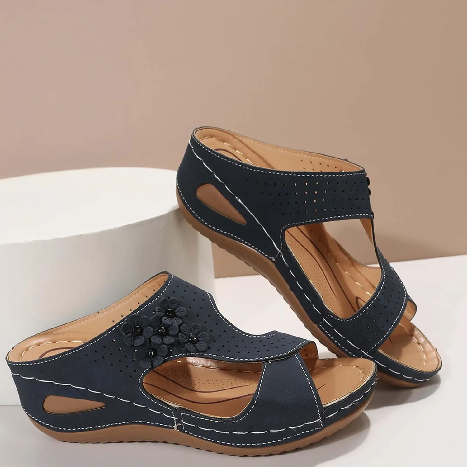 Eduavar Sandals for Women, Sandals Women Fashion Slip On Sandals Comfortable Peep Toe Sandals Summer Walking Shoes