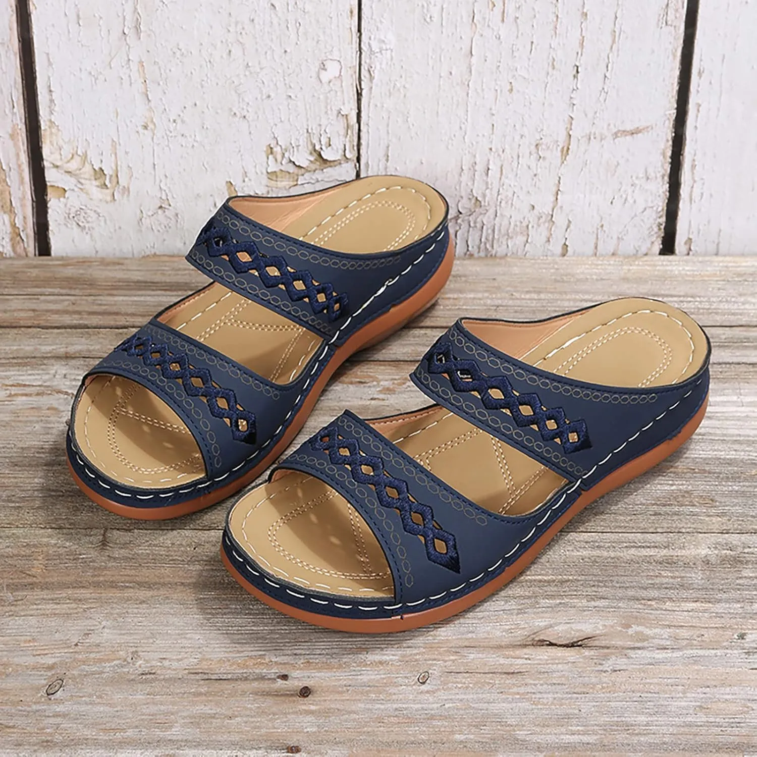 Eduavar Sandals Women Comfortable, Orthopedic Sandals for Women Summer Casual Peep Toe Sandals Slip-on Comfy Slippers Shoes