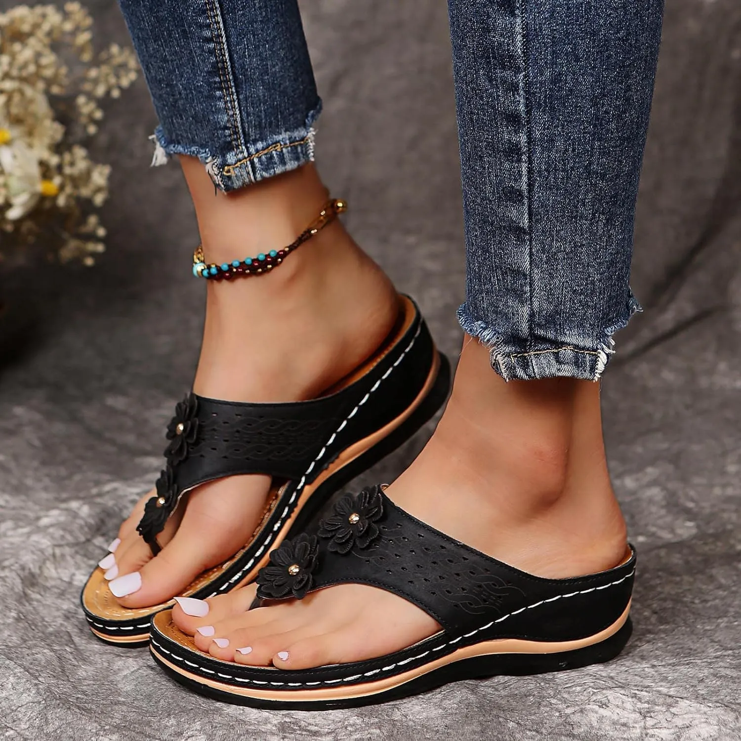 Eduavar Wedge Sandals for Women, Orthopedic Sandals for Women Arch Support Open Toe Flip Flops Sandals Summer Beach Sandals