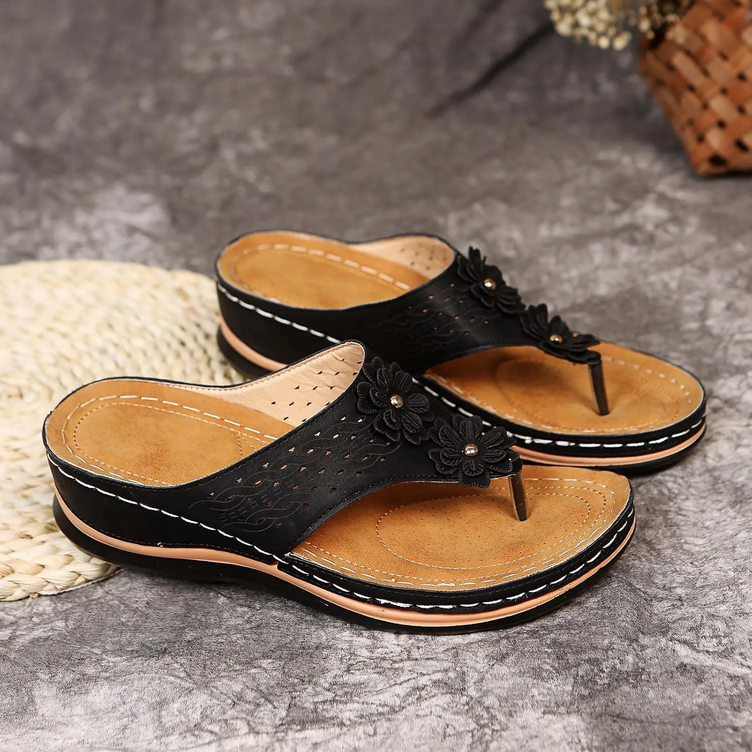 Eduavar Wedge Sandals for Women, Orthopedic Sandals for Women Arch Support Open Toe Flip Flops Sandals Summer Beach Sandals