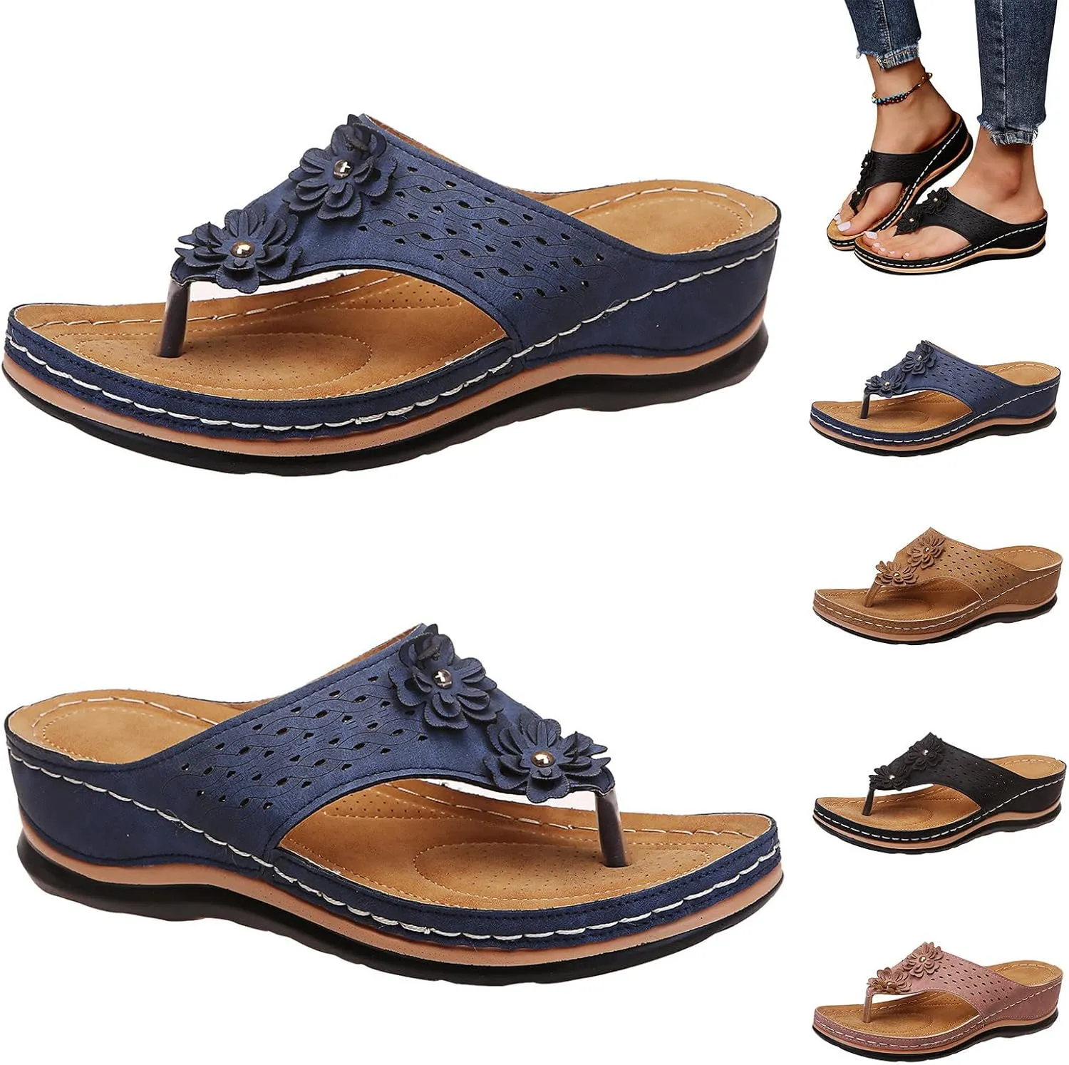 Eduavar Womens Sandals Summer Fashion Walking Slippers Anti-Slip Vintage Slip On Flip Flops Thong Sandals Orthopedic Shoes