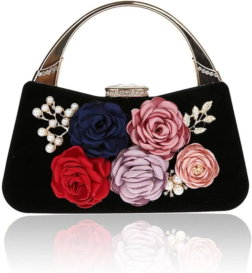 ELEOPTION Women's Flower Evening Bag Clutch Purse Handbag Metal Frame Large Clutch Bag Wedding Hand Bag Carved Handle