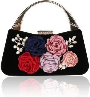 ELEOPTION Women's Flower Evening Bag Clutch Purse Handbag Metal Frame Large Clutch Bag Wedding Hand Bag Carved Handle
