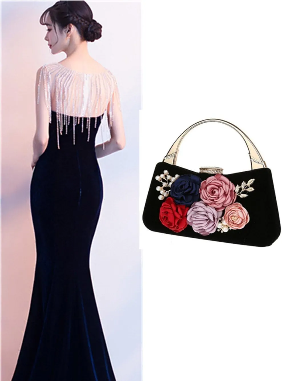 ELEOPTION Women's Flower Evening Bag Clutch Purse Handbag Metal Frame Large Clutch Bag Wedding Hand Bag Carved Handle