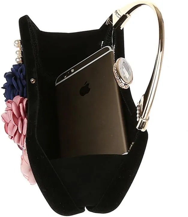 ELEOPTION Women's Flower Evening Bag Clutch Purse Handbag Metal Frame Large Clutch Bag Wedding Hand Bag Carved Handle