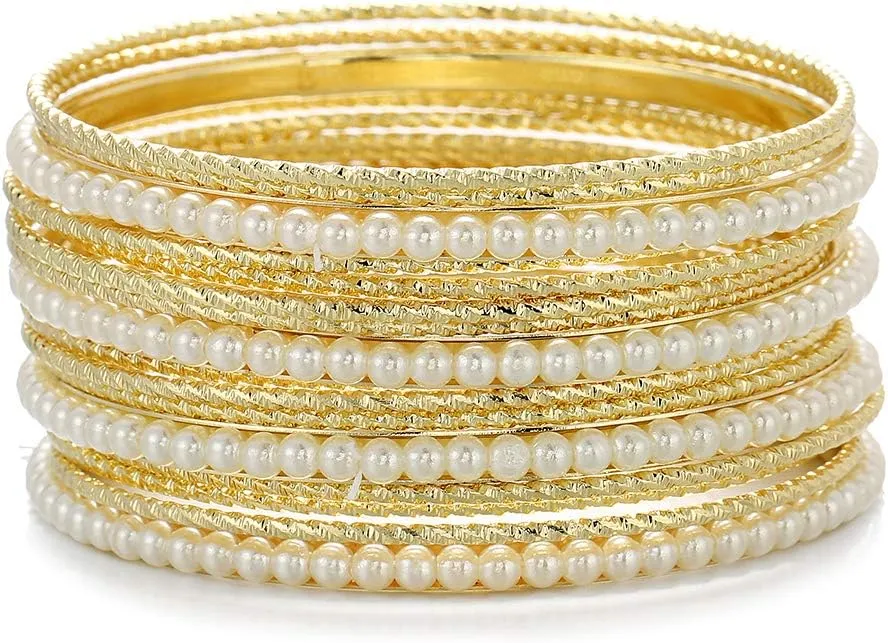 Ensoul Acrylic Pearl-Beads/Glass Seedbeads Mixed Metal Bangles Bracelets for Women Set of 17