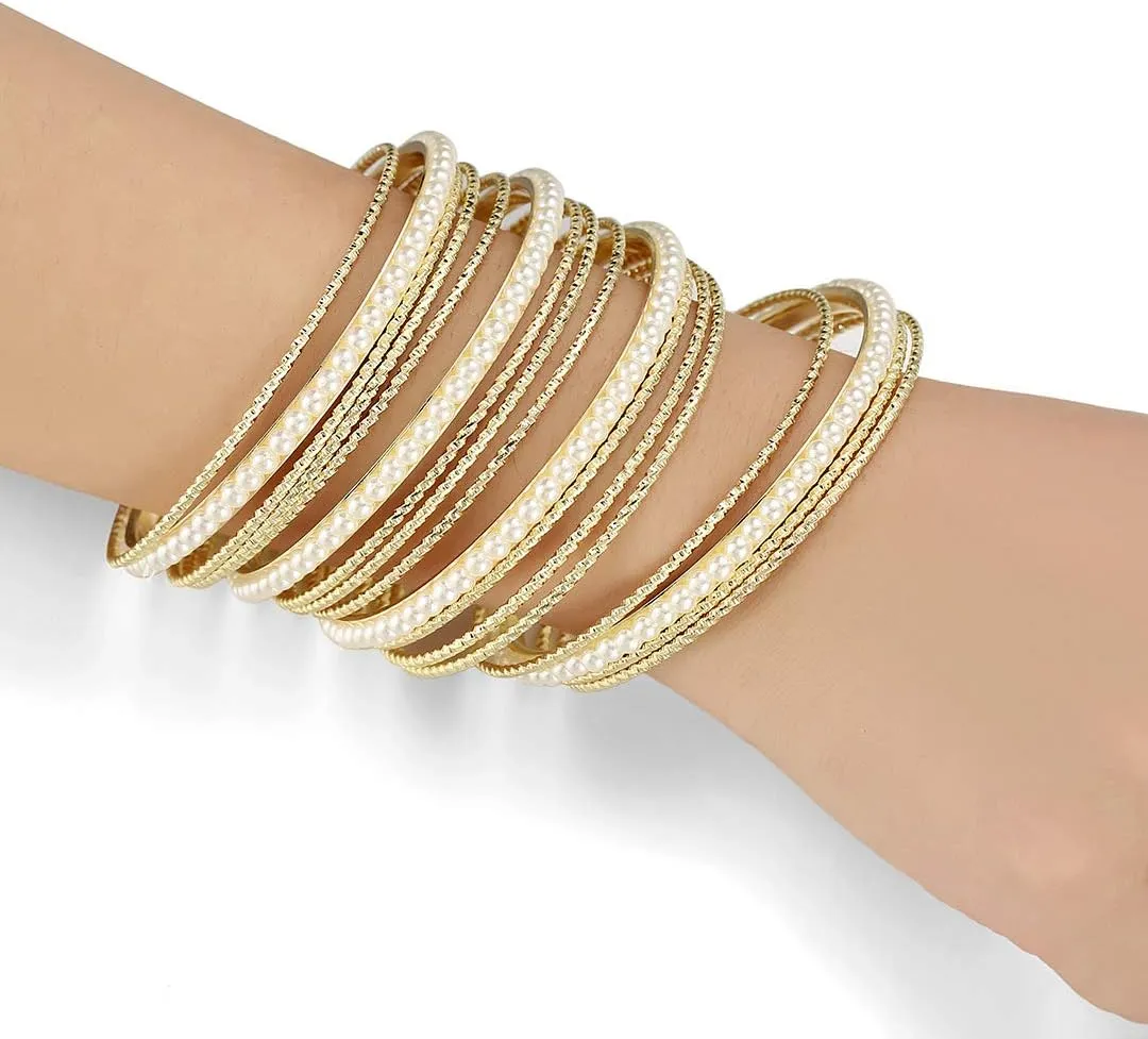 Ensoul Acrylic Pearl-Beads/Glass Seedbeads Mixed Metal Bangles Bracelets for Women Set of 17