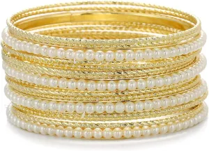 Ensoul Acrylic Pearl-Beads/Glass Seedbeads Mixed Metal Bangles Bracelets for Women Set of 17