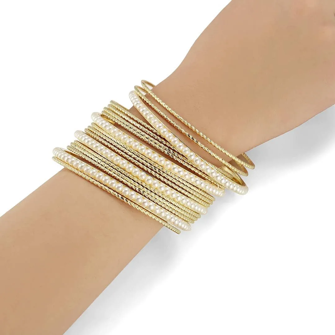 Ensoul Acrylic Pearl-Beads/Glass Seedbeads Mixed Metal Bangles Bracelets for Women Set of 17