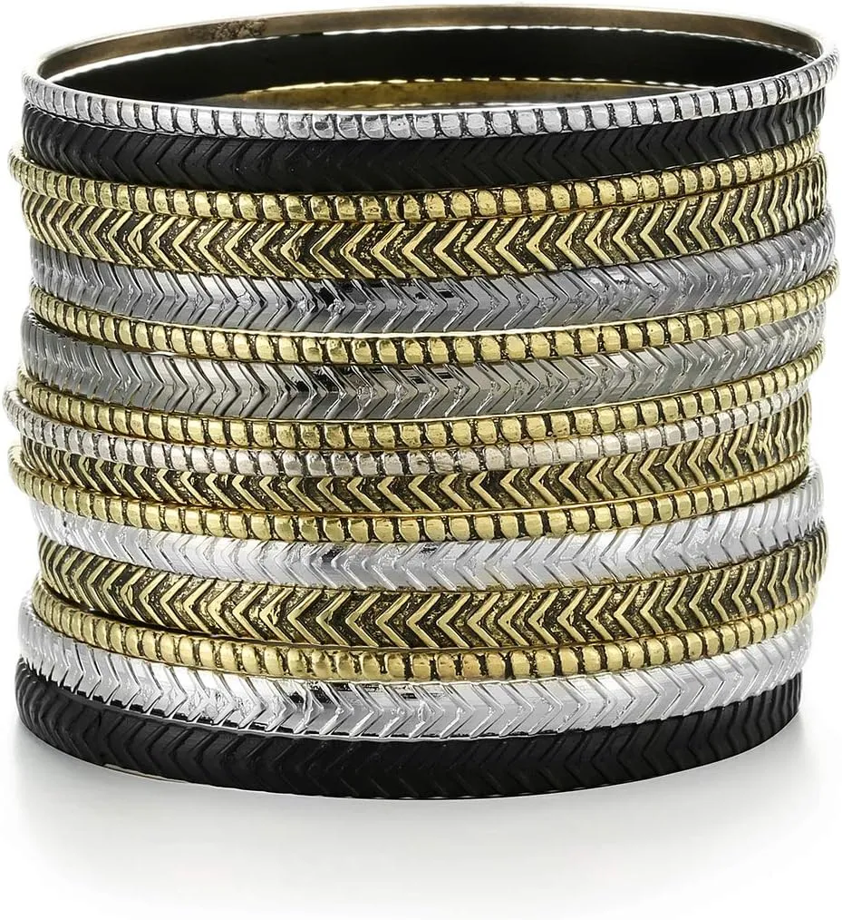 Ensoul Arrow Stripe Mixed Metal Aztec African Indian Multi Women Bangles Bracelets Set of 16/2.68" Dia.