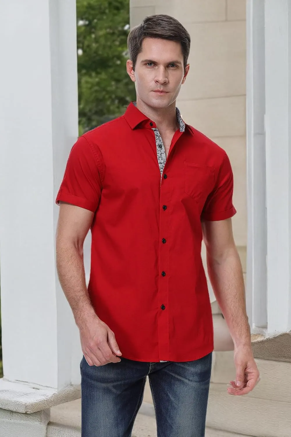Esabel.C Mens Short Sleeve Dress Shirts 4-Way Stretch Regular Fit Stretch Wrinkle-Free Casual Button Down Shirts
