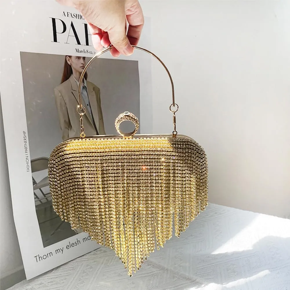 Evening Clutch Bag Rhinestones Wedding Purse Glitter Dressy Clutch Cocktail Purse with Detachable Chain for Party Prom Gold